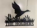 Custom Fly Duck Metal Wall Art, Personalized Mallard Duck Hunter Metal Name Sign, Mallard Duck Landing Cabin Metal Wall Sign