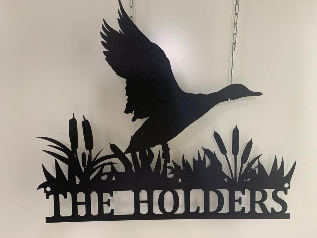 Custom Fly Duck Metal Wall Art, Personalized Mallard Duck Hunter Metal Name Sign, Mallard Duck Landing Cabin Metal Wall Sign