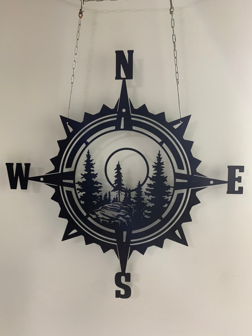 Pine Tree Compass Coordinates Metal Sign, Forest Mountain Compass Metal Sign, Nautical Compass Rose Metal Wall Art, Mountain Wall Art