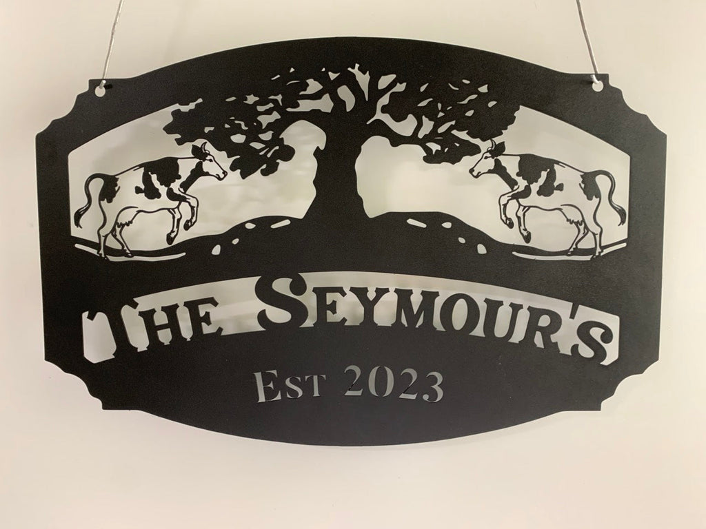 Custom Oak Tree Farm Sign With Cows, Personalized Cow Farmhouse Metal Name Sign, Cows Ranch Barn Farmhouse Metal Wall Art