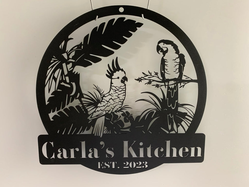 Custom Tropical Parrots Bird Monogram Metal Sign, Personalized Parrots Lovers Metal Name Sign, Parrot Floral Metal, Animal Jungle Metal Wall Art