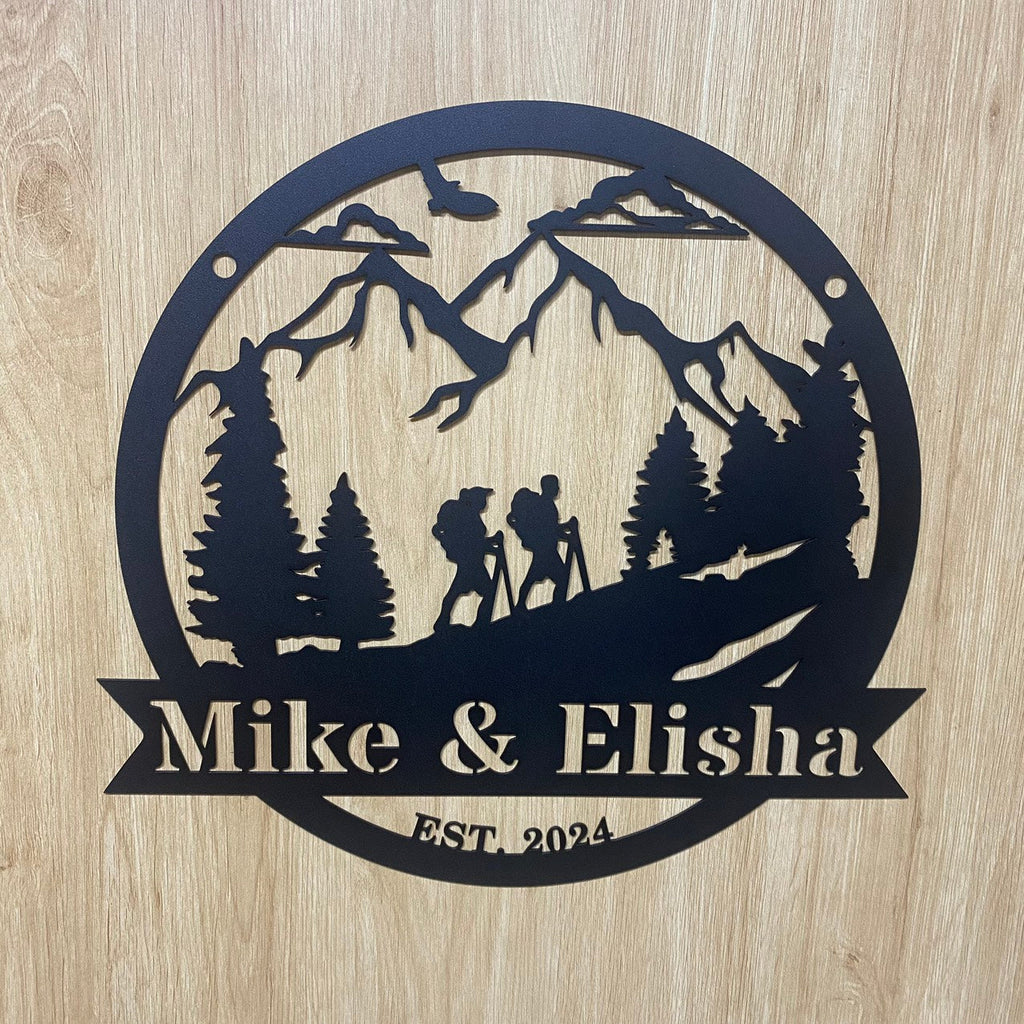 Personalized Mountain Hiking Metal Wall Art, Couple Hiking Great Outdoor Metal Sign, Hiking In Woods Metal Cabin Sign, Family Name Hiking Metal Sign