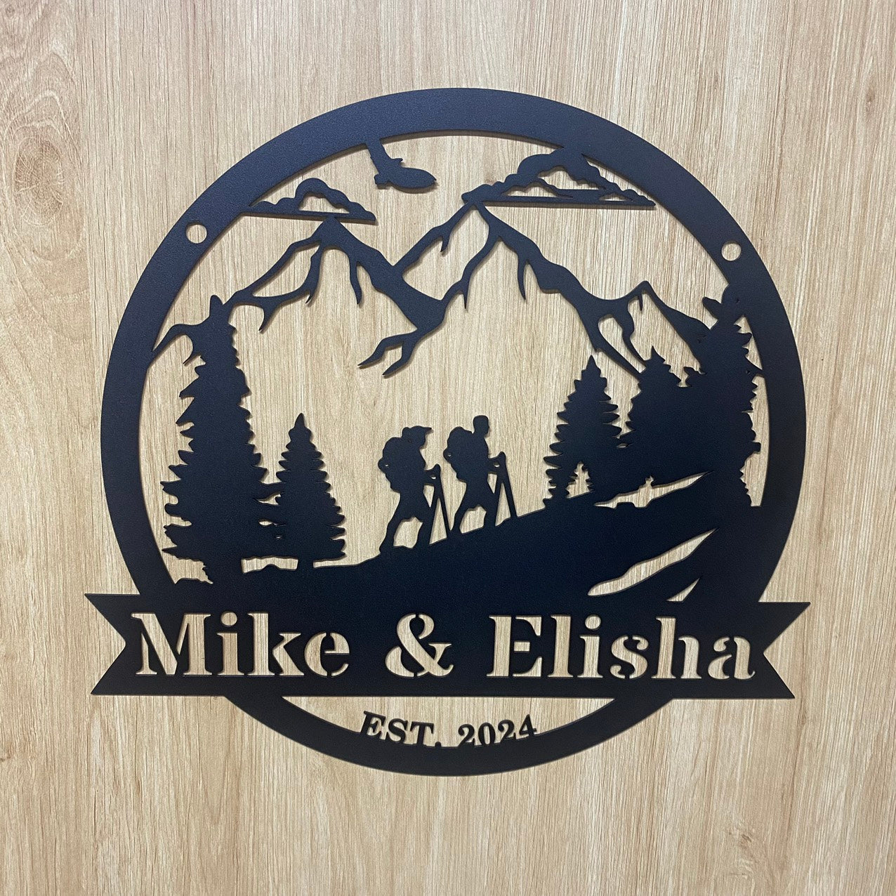 Personalized Mountain Hiking Metal Wall Art, Couple Hiking Great Outdoor Metal Sign, Hiking In Woods Metal Cabin Sign, Family Name Hiking Metal Sign
