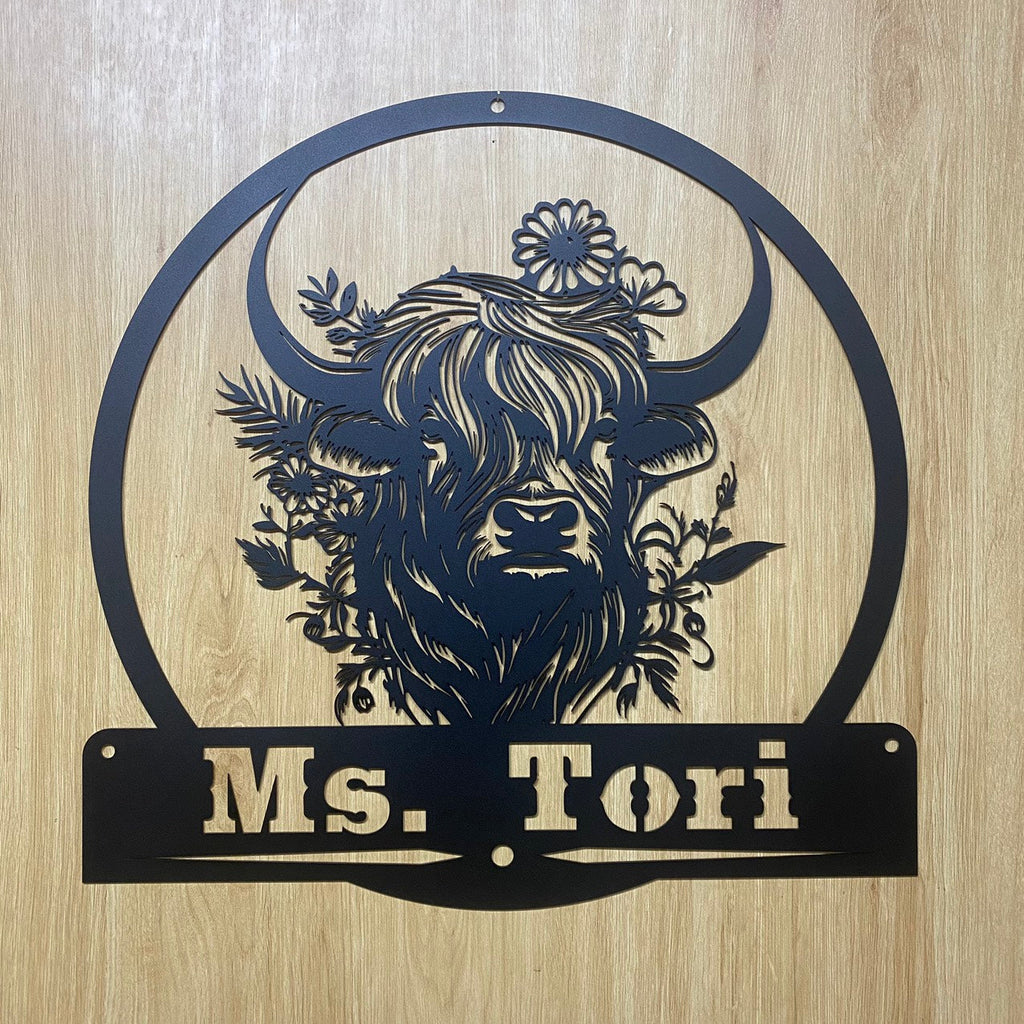 Custom Floral Highland Cow Farmhouse Metal Wall Art, Personalized Heifer Metal Farm Name Sign, Cattle Cow Barn Ranch Farmhouse Metal Wall Sign