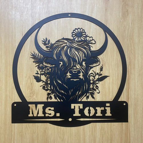 Custom Floral Highland Cow Farmhouse Metal Wall Art, Personalized Heifer Metal Farm Name Sign, Cattle Cow Barn Ranch Farmhouse Metal Wall Sign