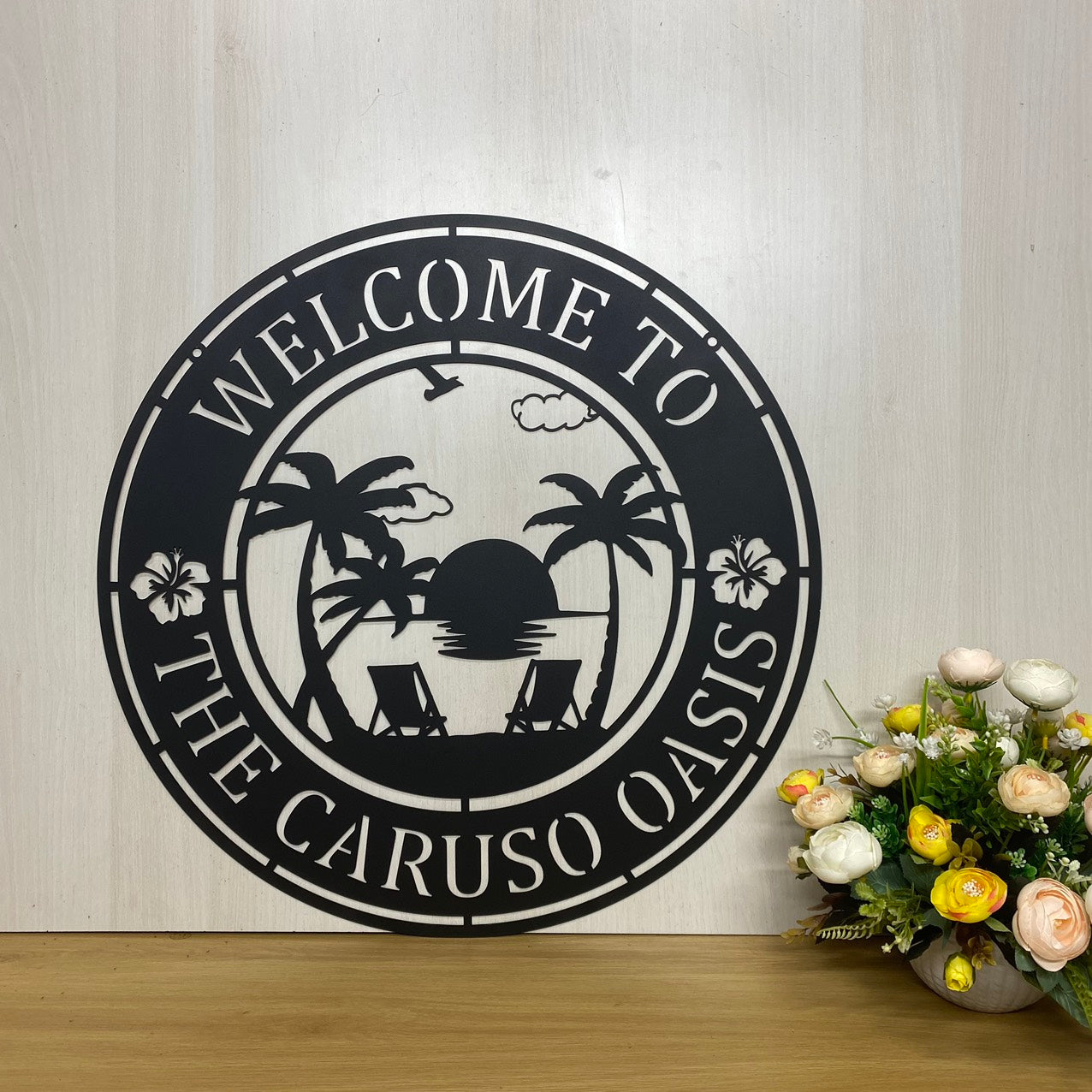 Tropical Welcome Poolside Oasis Sunset On Beach Metal Sign, Custom Family Name Palm Tree Beach House Metal Sign, Outdoor Poolside Metal Welcome Sign