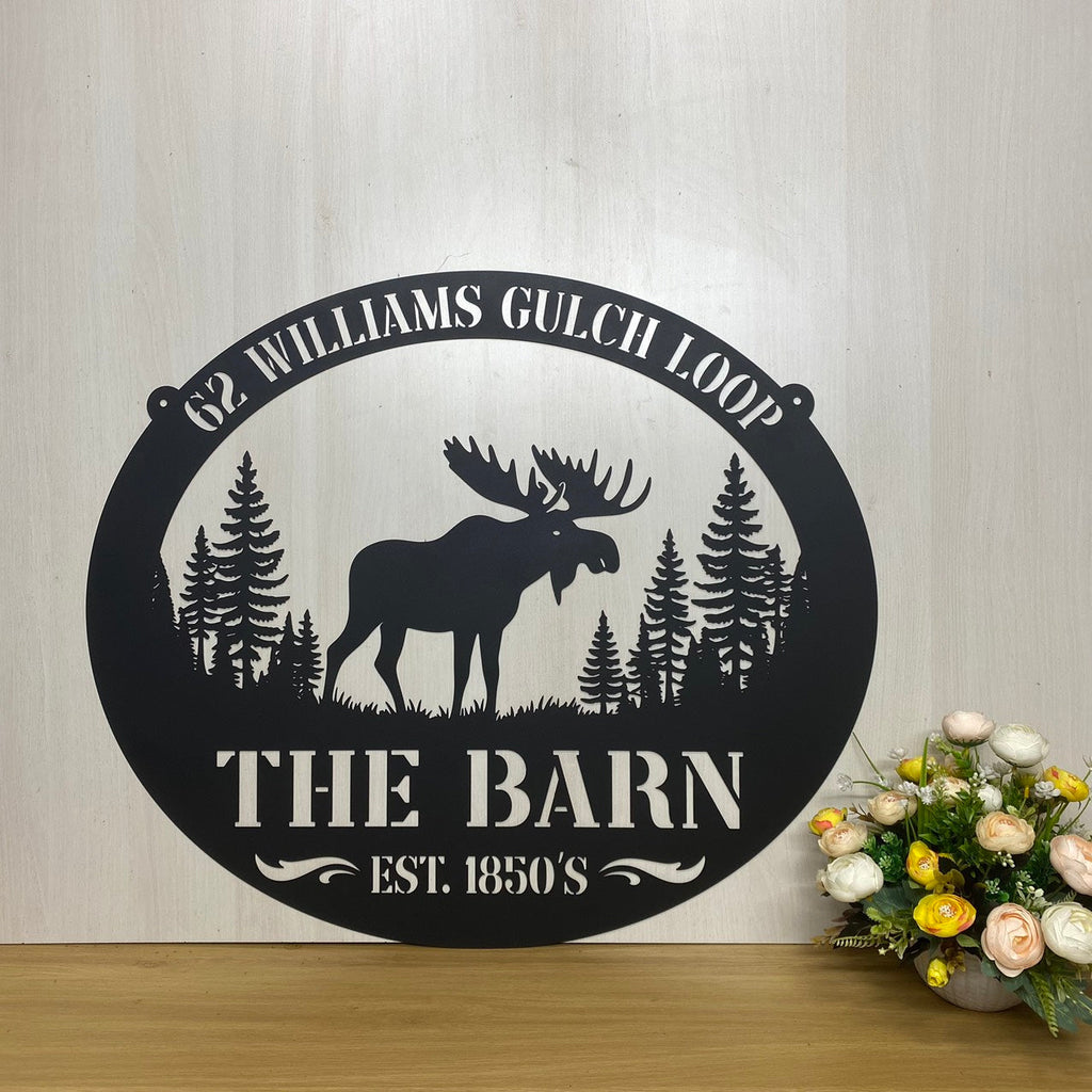 Personalized Family Name Forest Moose Metal Wall Art, Custom Moose Hunting Metal Sign, Nature Forest Moose Cabin Lodge Man Cave Metal Wall Hanging