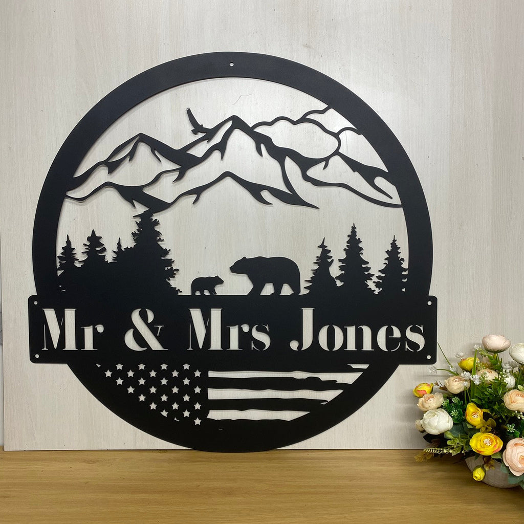 Personalized Bears In Woods Metal Cabin Sign, Custom Family Name Mama Bear Metal Sign, Mountain Bears Camping Metal Sign, Forest Bear Metal Sign